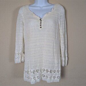 VTG Emma James Women's sz M Open Knit Tunic Sweater Henley Beach Crochet Goblin